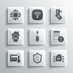 Set Fingerprint, Smart home, Air humidifier, Electric toothbrush, Thermostat, Mobile with smart, Processor CPU and Digital door lock icon. Vector
