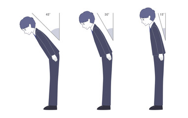 スーツで15°、30°、45°のお辞儀をする男性
