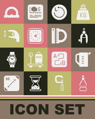 Set Drawing compass, Measuring cup, Radius, Clock, Approximate measurements, Protractor and and ruler icon. Vector