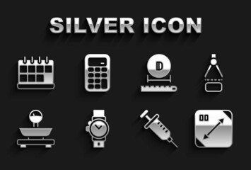 Set Wrist watch, Drawing compass, Diagonal measuring, Syringe, Scales, Diameter, Calendar and Calculator icon. Vector