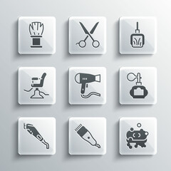Set Electrical hair clipper, Bar of soap with foam, Aftershave, Hair dryer, Barbershop chair, Shaving brush and Dustpan icon. Vector