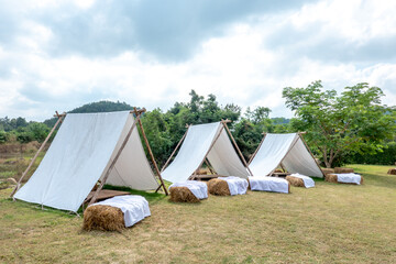 Camping tent on nature in summer, Place for picnic outdoors, Travel background.