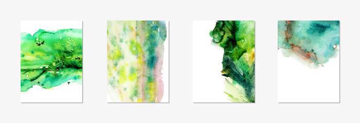 Hand drawn watercolor abstract card set, background in bright green color