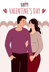 Greeting card for valentine's day. Loving couple in flat cartoon style. Vector illustration. Beautiful man and woman in an embrace on a date