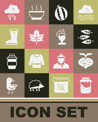 Set Jam jar, Beet, Leaf or leaves, Watermelon, Waterproof rubber boot, Storm and Mulled wine icon. Vector