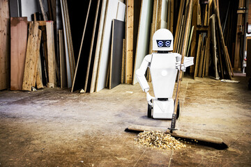 A robot works fully automatically in a carpentry workshop