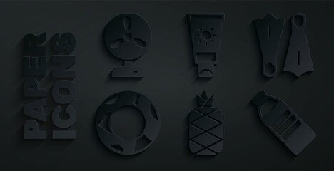 Set Pineapple, Rubber flippers for swimming, ring, Bottle of water, Sunscreen cream tube and Electric fan icon. Vector © Kostiantyn