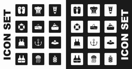 Set Sunscreen cream in tube, Shark fin ocean wave, Lifebuoy, Flip flops, Cruise ship, Bodybuilder muscle, Elegant women hat and Sleeveless T-shirt icon. Vector
