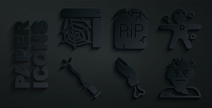 Set Zombie finger, Voodoo doll, Magic wand, mask, Tombstone with RIP written and Spider web icon. Vector