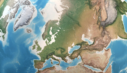 Physical map of Europe, Greenland, Middle East and Asia, with high resolution details. Satellite view of Planet Earth. 3D illustration - Elements of this image furnished by NASA