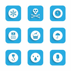 Set Hand wash laundry, Water drop, Fragile broken glass, Delivery package with umbrella, Industrial hook, Temperature, Clock and Snowflake icon. Vector