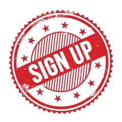 SIGN UP text written on red grungy round stamp.