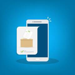 Mobile phone with voting ballot in ballot box. Voting online, e-voting, election internet system. Flat design. Vector illustration	