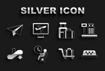 Set Human waiting in airport terminal, Scale with suitcase, Taxi car roof, Trolley baggage, Escalator down, Suitcase, Paper airplane and Plane icon. Vector