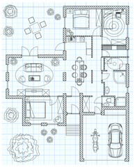 Black and White floor plan sketch of a house on millimeter paper.