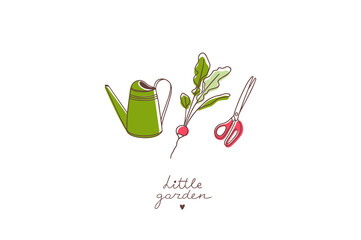 Tiny gardening set. Seasonal florist job. Vector illustration isoladed on white. Line art with colors. Watering can, radishes, scissors © olga_bonitas