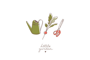 Tiny gardening set. Seasonal florist job. Isoladed on white. Line art with colors. Watering can, radishes, scissors © olga_bonitas