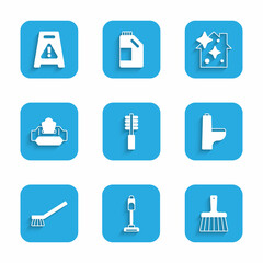Set Toilet brush, Vacuum cleaner, Handle broom, bowl, Brush for cleaning, Wet wipe pack, Home service and floor icon. Vector