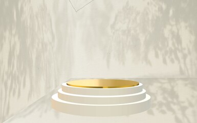 3d illustration background white platform podium stage with sunlight shadow on abstract wall surface