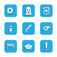 Set Police rubber baton, cap with cockade, Baseball, Whistle, Crime scene, Flashlight, badge and icon. Vector