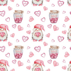 Watercolor seamless pattern from hand painted illustration of little dwarf elf, pink hearts, jam jar with candies. Print with gnome on white background for fabric textile. Love card for Valentine Day