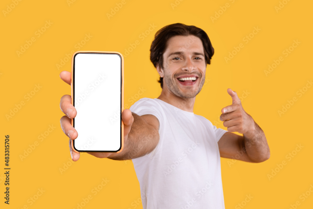 Poster Guy showing white empty smartphone screen and pointing
