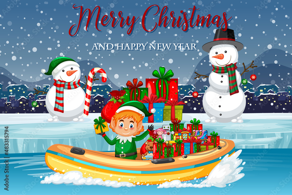 Canvas Prints merry christmas poster with elf delivering gifts by boat