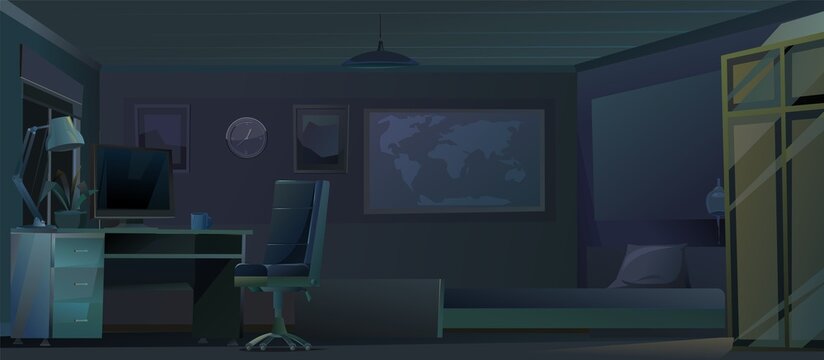 Room interior with bed and computer table. Cozy room with furniture, windows and wardrobe. Night time and darkness. Nice cartoon style design. Vector