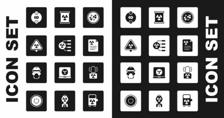 Set Molecule, Radioactive, Triangle with radiation, Atom, Radiation warning document, waste barrel, lamp and Nuclear reactor worker icon. Vector