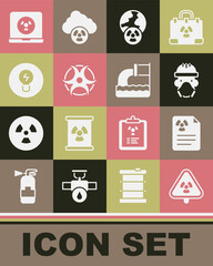 Set Triangle with radiation, Radiation warning document, Nuclear reactor worker, Planet earth and, Biohazard symbol, Light bulb concept of idea, laptop and Wastewater icon. Vector