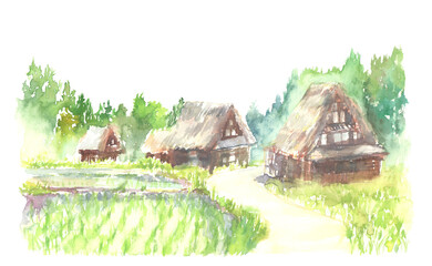 水彩で描いた茅葺屋根の家と田んぼのある田舎の風景 © yoko obata
