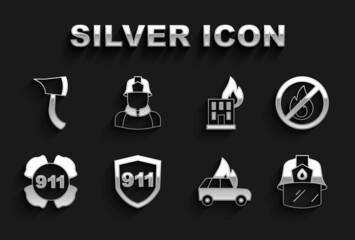 Set Emergency call 911, No fire, Firefighter helmet, Burning car, burning building, axe and icon. Vector