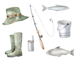 Watercolor illustration, fishing, rubber boots, iron bucket, fishing rod, fish, worm, hook, reed. Camping. Isolated on white background.