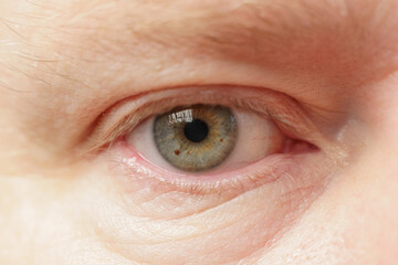 Right eye of a white male close-up, soft focus. The human eye with a green-gray pupil