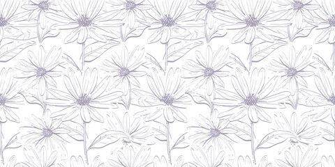 Pastel floral seamless pattern, Daisies repeated gray background, Vector illustration