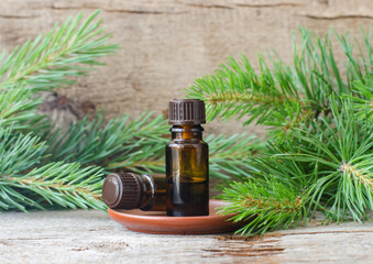 Small glass bottles with essential pine oil. Aromatherapy, sauna, homemade spa and herbal medicine ingredients. Old wooden background. Copy space.