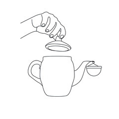 female hand opens the lid of the teapot. vector stock illustration. outline