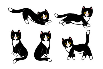 Black cat icon set. Different poses of cat. Vector contour illustration for prints, clothing, packaging, stickers.