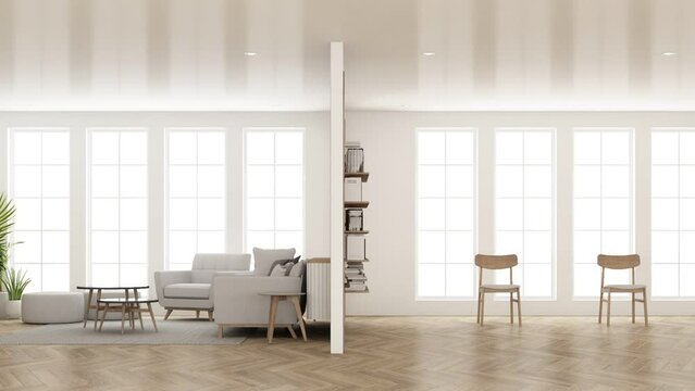 build up Interior in vintage minimalist style in the living dining  bedroom. using wood material and light gray cloth on parquet floor and arched walkways with large windows 3d render animation looped