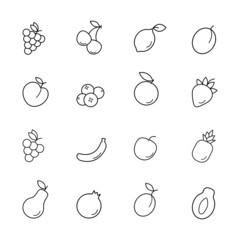 Set of linear fruit icons on white background. A collection of outline symbols. Flat web icon.	