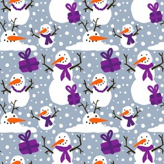 Winter seamless snowman pattern for fabrics and textiles and packaging and gifts and cards and linens and kids 