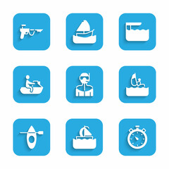 Set Wetsuit for scuba diving, Yacht sailboat, Stopwatch, Windsurfing, Kayak and paddle, Jet ski, Diving board springboard and Fishing harpoon icon. Vector