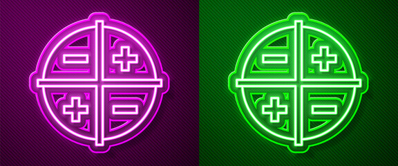 Glowing neon line XYZ Coordinate system icon isolated on purple and green background. XYZ axis for graph statistics display. Vector - obrazy, fototapety, plakaty