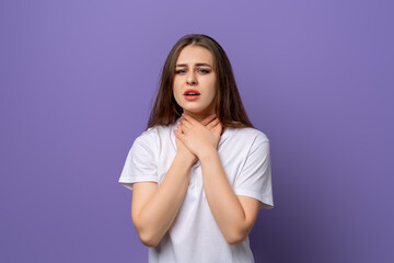 Throat Pain. Beautiful Woman Having Sore Throat, Feeling Sick. Unhappy Ill Female Suffering From Painful Swallowing, Strong Pain In Throat, Holding Hands On Her Neck. Health Concept