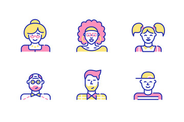 Cute fun avatars icons set. Elderly woman and man, boy and girl, young hipster man and a girl with curly hair. Pixel perfect, editable stroke icons 