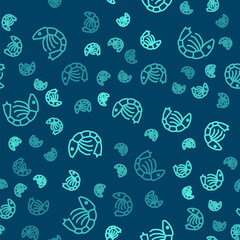 Green line Shrimp icon isolated seamless pattern on blue background. Vector