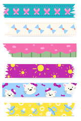 Set of colorful patterned washi tape strips with funny children's patterns