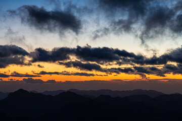 Beautiful sunrise on the top of Mousa Mountain in Egypt, South Sinai