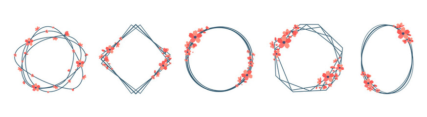 Frames with red flowers. Set of isolated geometric frames for wedding invitation. Vector illustration