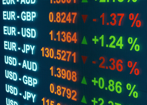 Exchange rates and currency symbols from USD, EUR, GBP, JPY or AUD Currency on a trading monitor. Currency and exchange rates concept. 3D illustration